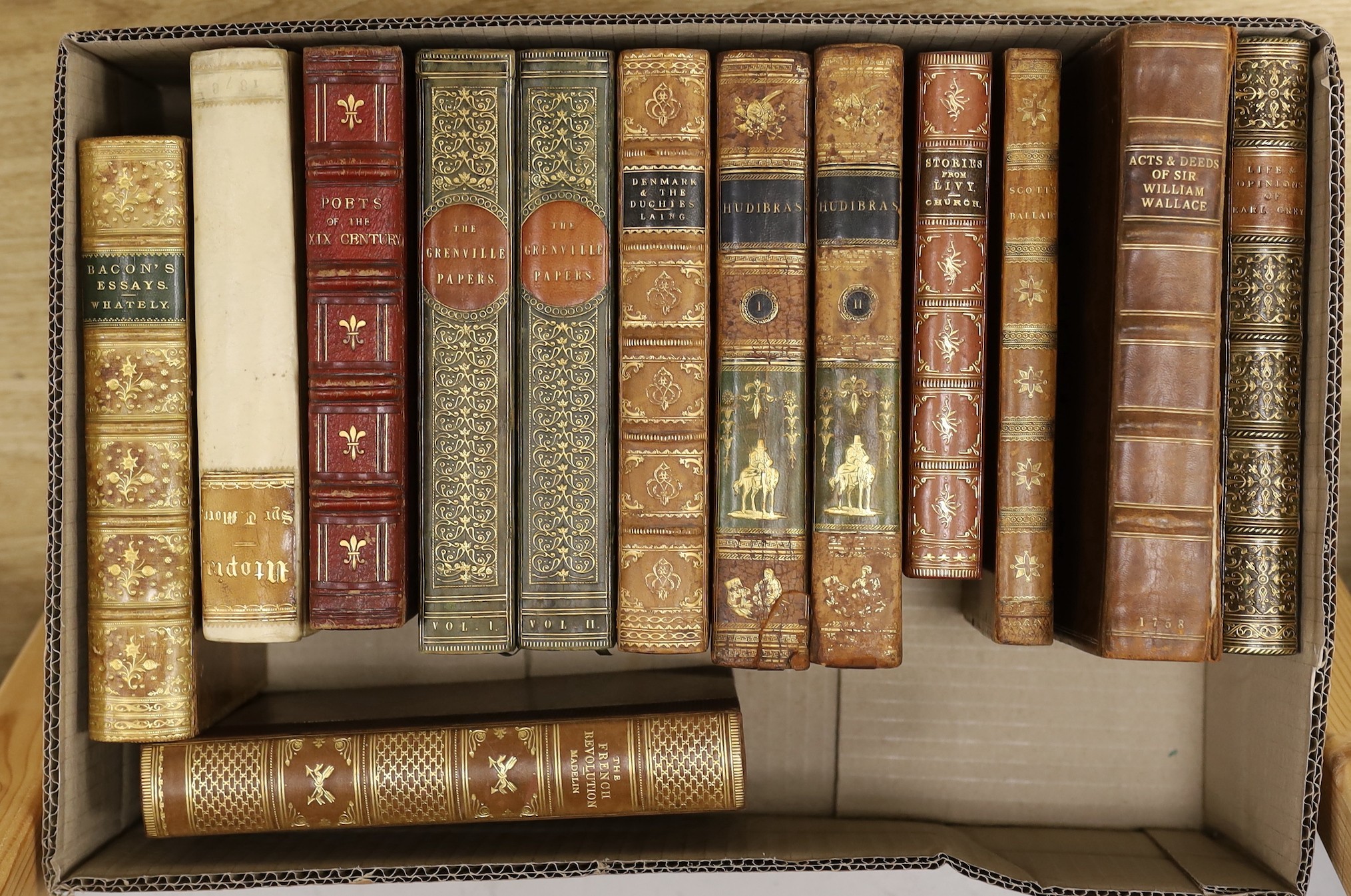 A collection of leather bound books to include: Seven Pillars of Wisdom, Gallery of Portraits, A Chronicle of England, History of England and Utopia